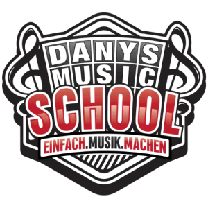 Danys Music School Logo mit Schriftzug "Einfach Musik Machen" in roter Farbe.